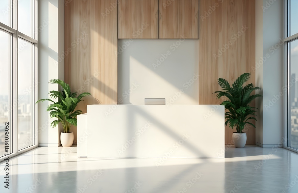 Bright office reception area with white desk, hardwood wall. Sunlight streams through large window overlooking city. Minimalist style, modern design. Empty space, suitable for coworking consulting. Bright office reception area with white desk, hardwood wall. Sunlight streams through large window overlooking city. Minimalist style, modern design. Empty space, suitable for coworking consulting.