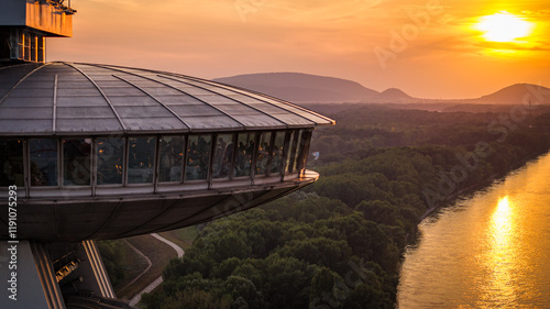sunset over the bridge, UFO, castle, Bratislava, Slovakia