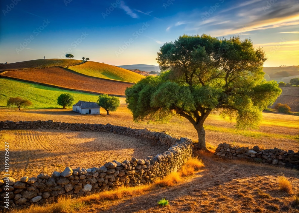 Fototapeta premium Sun-Drenched Portuguese Farmland: Rolling Hills & Rustic Charm