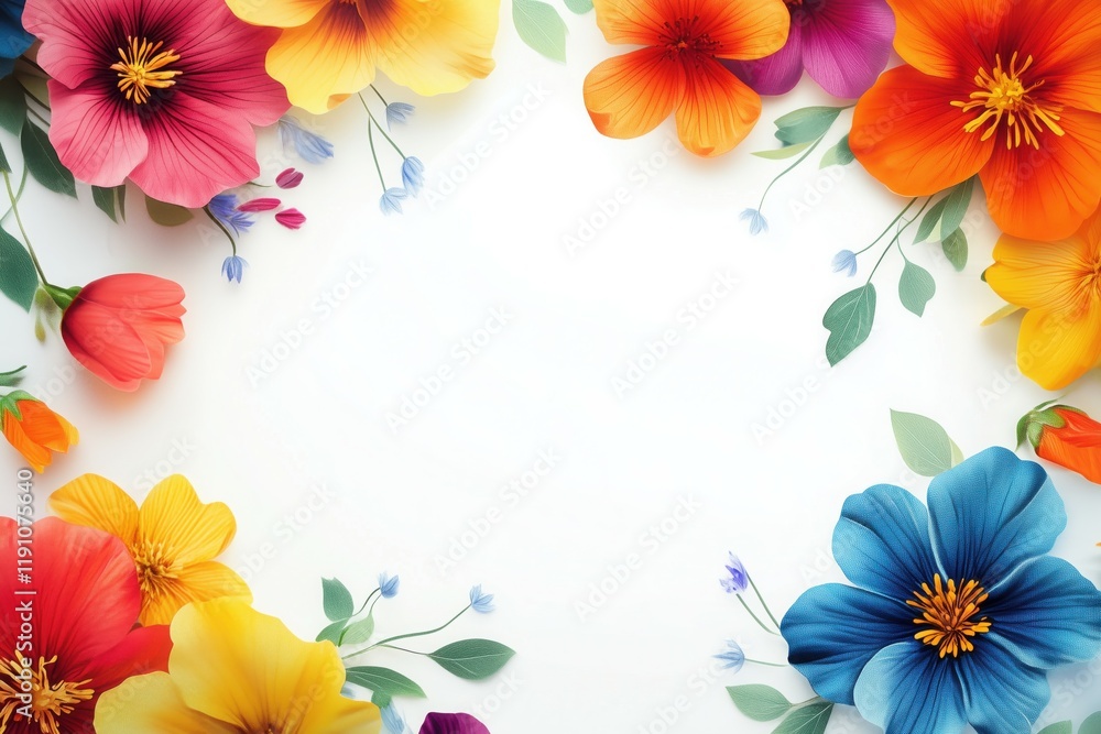 Obraz premium A frame of vibrant flowers on a white background with ample copy space for text in the middle.
