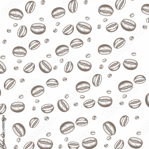 A seamless pattern featuring detailed illustrations of coffee beans, drawn in a light brown/gray vintage style.