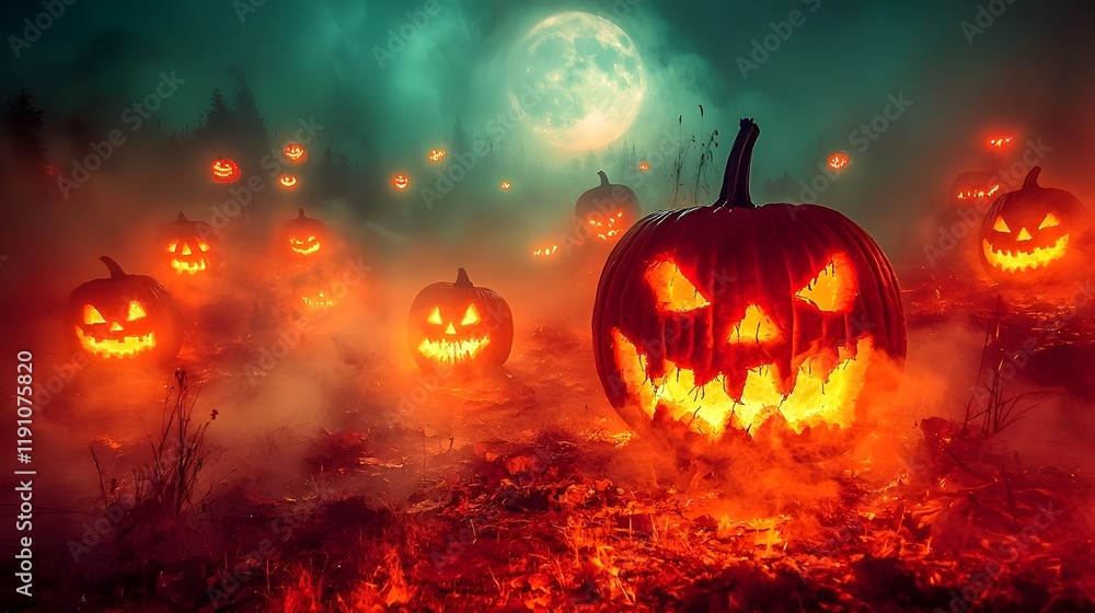 Fototapeta premium Cursed pumpkin lanterns glowing with an eerie otherworldly light under the shroud of a spectral fog and the luminous gaze of a full moon in a haunting supernatural canyon landscape