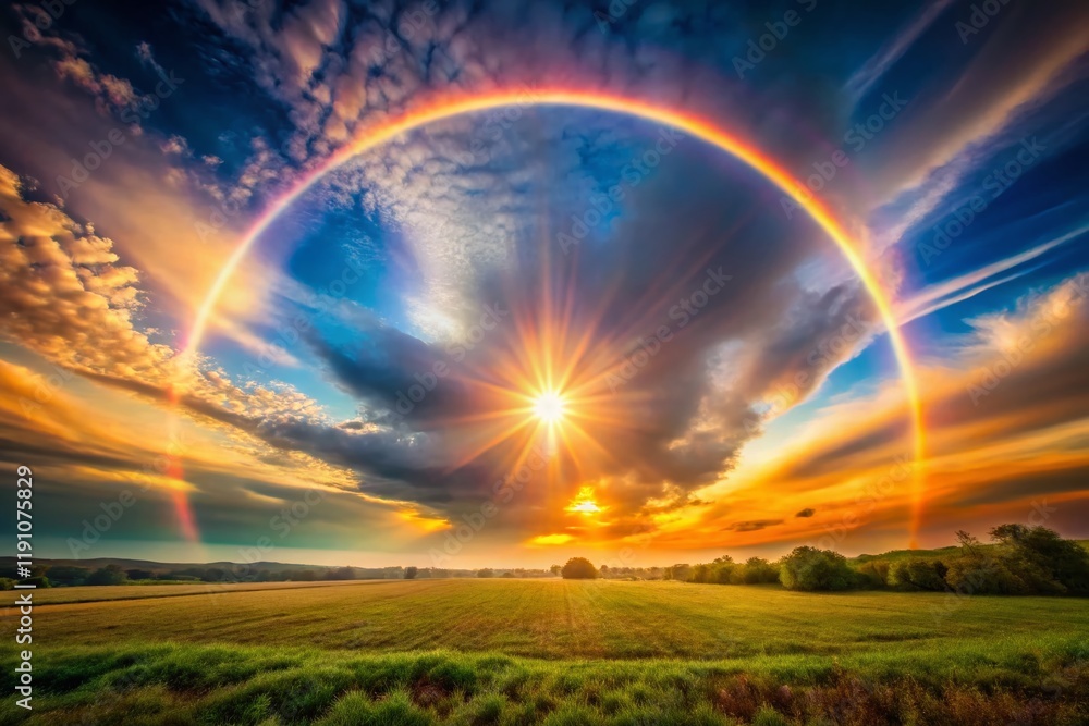 Obraz premium Sun Halo Rainbow, Atmospheric Optical Phenomenon, Tilt-Shift Miniature Sky