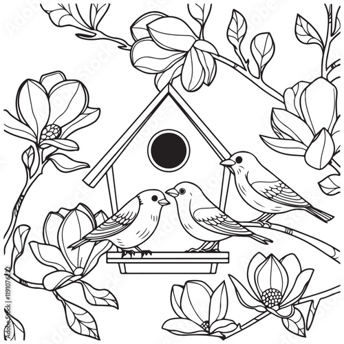 Bird house with birds on a magnolia branch black and white vector illustration