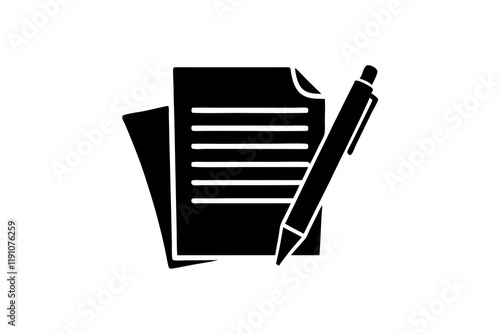 Note Paper and Pen Silhouette Icon on a Clean White Background
