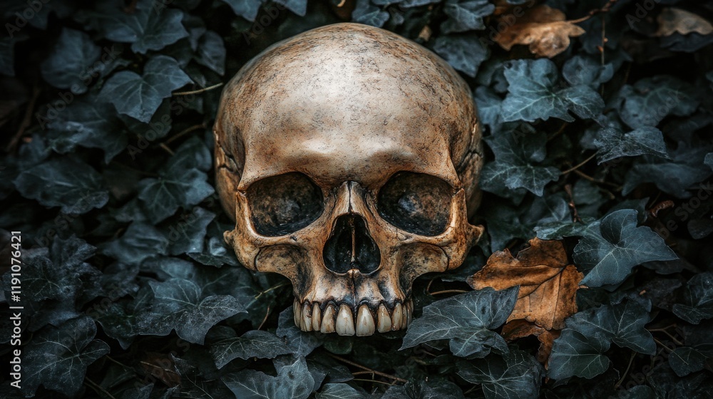 Skull on Dark Green Ivy Leaves with Autumn Foliage Background Skull on Dark Green Ivy Leaves with Autumn Foliage Background