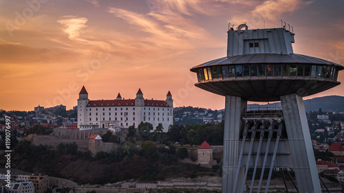 sunset over the bridge, UFO, castle, Bratislava, Slovakia