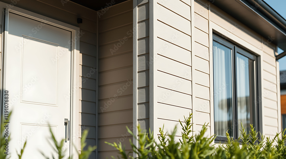 Fototapeta premium Modern House Exterior: Beige Siding, Grey Accents, and Sunlight