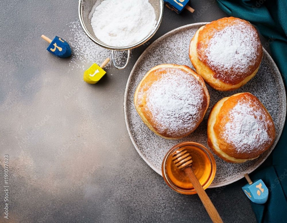 Fototapeta premium Generated image Hanukkah food doughnuts sufganiyot with powdered sugar, on stone background with copy space