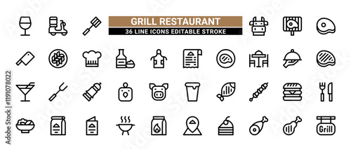 36 Grill Restaurant Line Icons Set Pack Editable Stroke Vector Illustration.