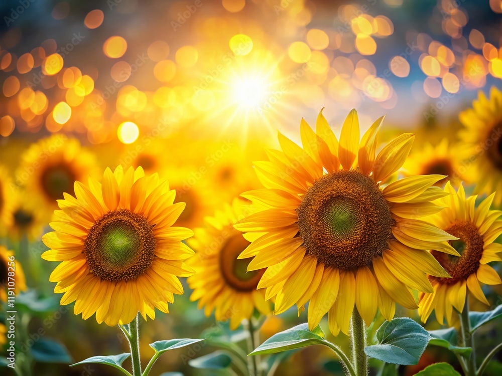 Obraz premium Sunlit Sunflower Field Bokeh Background - Summer Nature Photography