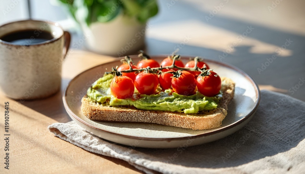 Generated image Healthy avocado toast with cherry tomatoes and coffee in sunlit kitchen Generated image Healthy avocado toast with cherry tomatoes and coffee in sunlit kitchen