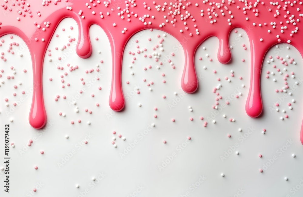 Pink icing drips down a white background with sprinkles. Sweet and tasty design. Perfect for cakes, desserts or sweets. Flowing glaze is a beautiful illustration of food and confectionery design. Pink icing drips down a white background with sprinkles. Sweet and tasty design. Perfect for cakes, desserts or sweets. Flowing glaze is a beautiful illustration of food and confectionery design.
