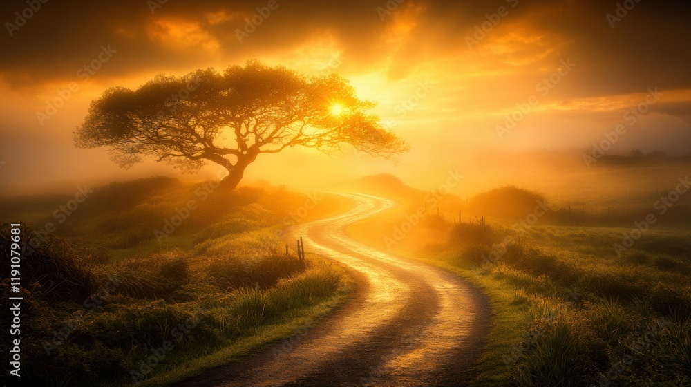 Serene Landscape with Winding Path Under Glowing Sunset Sky Serene Landscape with Winding Path Under Glowing Sunset Sky