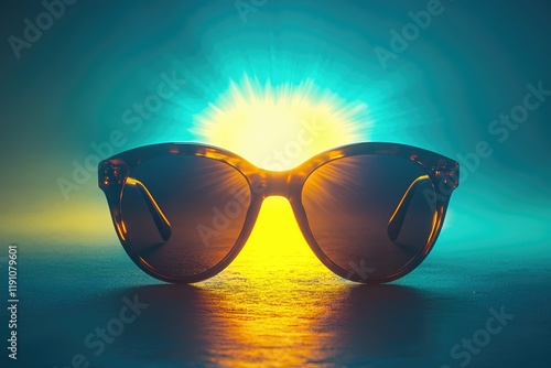 An elegant pair of sunglasses with vivid yellow and teal light bursts behind, vibrant summer fashion scene, copy space. background photo