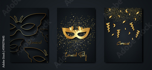 Carnival gold and black posters set, flyer or invitation design. Festive Golden cards. Vector illustration. Elegant luxury tickets with pattern and emblem. Place for your text message. Banners