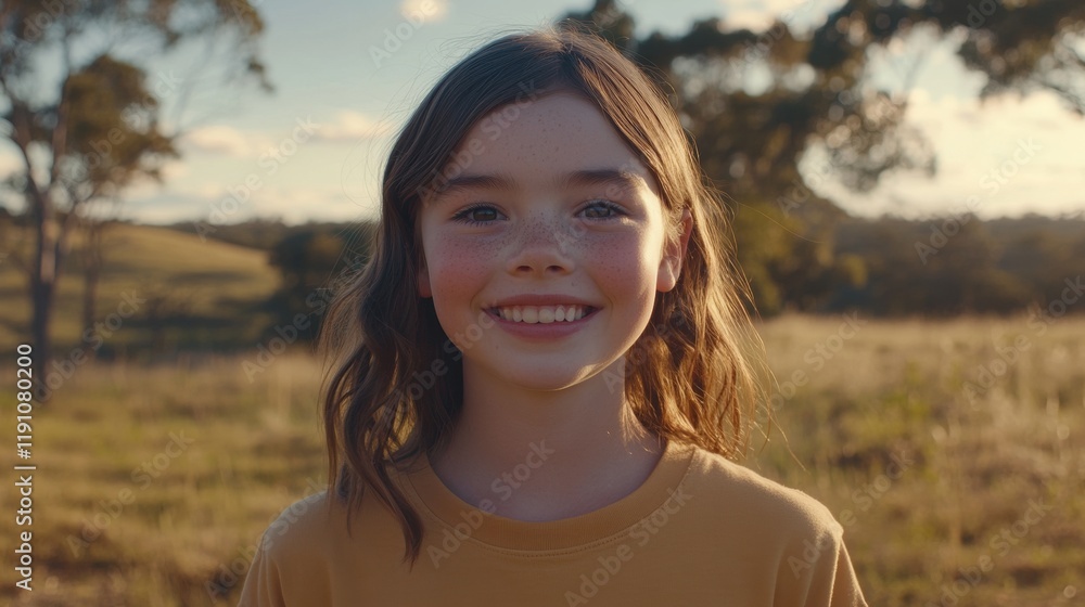 Happy young girl smiling in a sunny outdoor field surrounded by nature Happy young girl smiling in a sunny outdoor field surrounded by nature