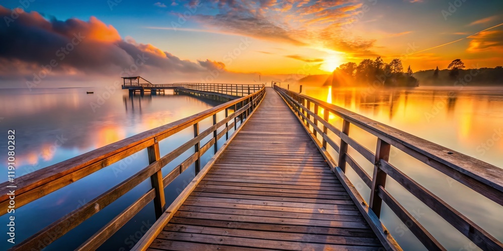 Obraz premium Sunrise Long Exposure: Wooded Bridge over Harbor at Dawn