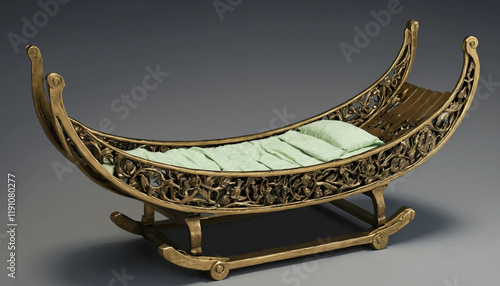 Intricately designed antique cradle with ornate details and a luxurious feel, representing classic craftsmanship and vintage elegance in home decor. photo