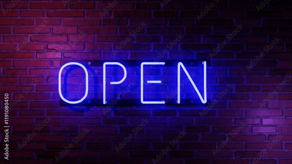 Fototapeta premium Blue open neon sign on brick wall 