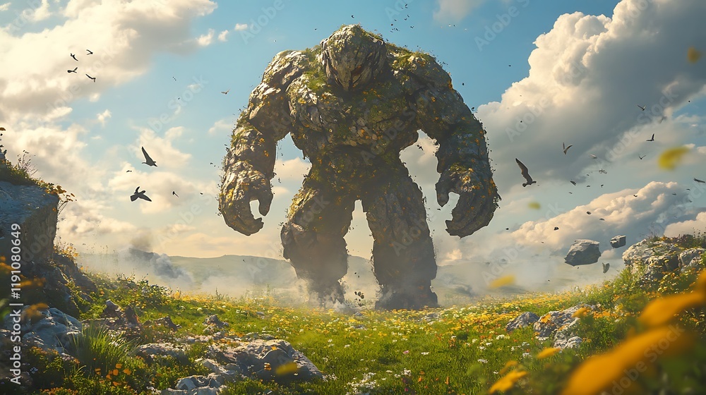 Earth golem in a serene meadow with birds flying around Earth golem in a serene meadow with birds flying around