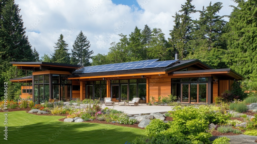 Naklejka premium A cozy modern home with renewable energy systems, including solar panels and an eco-friendly garden.