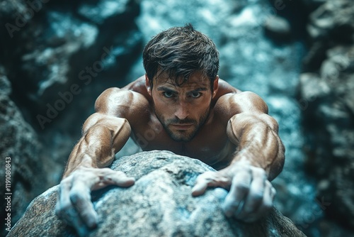 Man with a ripped physique climbing a boulder in a rugged natural setting, intense focus on his face, copy space background