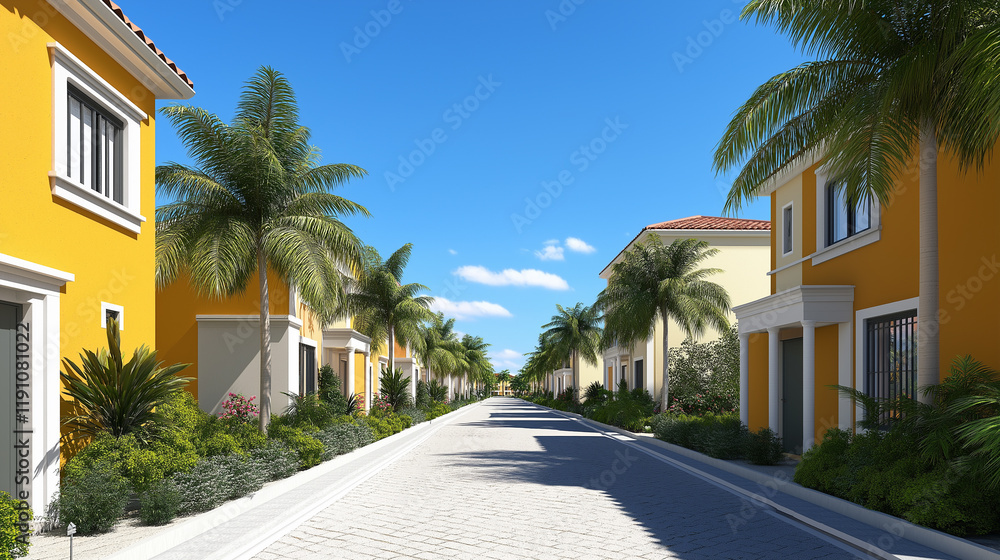 Strolling through vibrant residential streets tropical community urban landscape sunny environment eye-level view tranquil living Strolling through vibrant residential streets tropical community urban landscape sunny environment eye-level view tranquil living