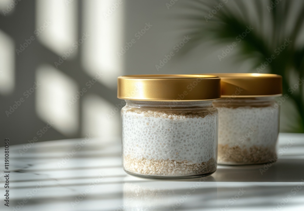 Glass Containers with Golden Lids Filled with Healthy Chia Seeds and Oats on a Light Marble Surface, Highlighted by Natural Sunlight and Soft Shadows Glass Containers with Golden Lids Filled with Healthy Chia Seeds and Oats on a Light Marble Surface, Highlighted by Natural Sunlight and Soft Shadows