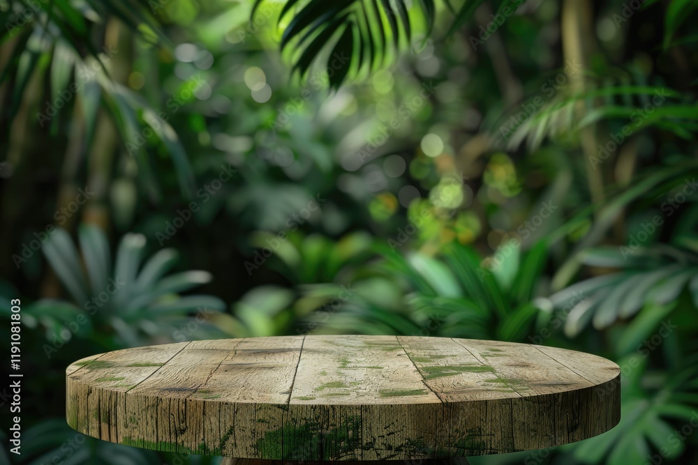 Pixel Perfect Image of Old Wood Podium in Tropical Forest with Greenery for Organic Products Pixel Perfect Image of Old Wood Podium in Tropical Forest with Greenery for Organic Products