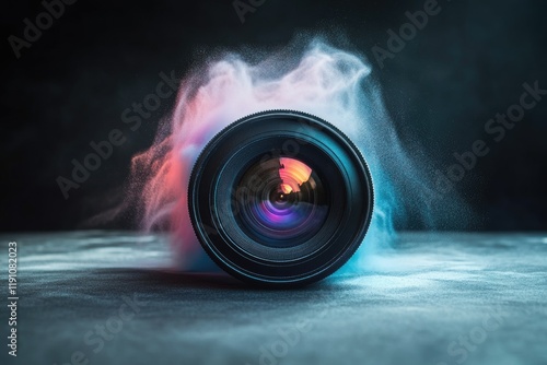 A classic camera lens with swirling colorful powder clouds emanating from behind, creative photography inspiration, copy space background photo