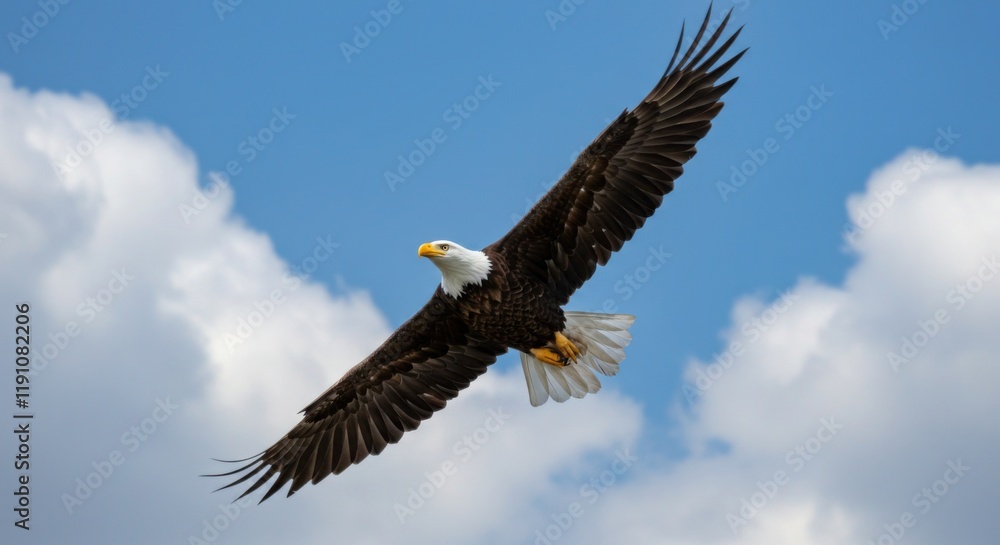 Majestic bald eagle in flight against a clear blue sky with detailed feathers and sharp focus. Perfect for patriotic themes, wildlife enthusiasts, and nature-inspired designs Majestic bald eagle in flight against a clear blue sky with detailed feathers and sharp focus. Perfect for patriotic themes, wildlife enthusiasts, and nature-inspired designs