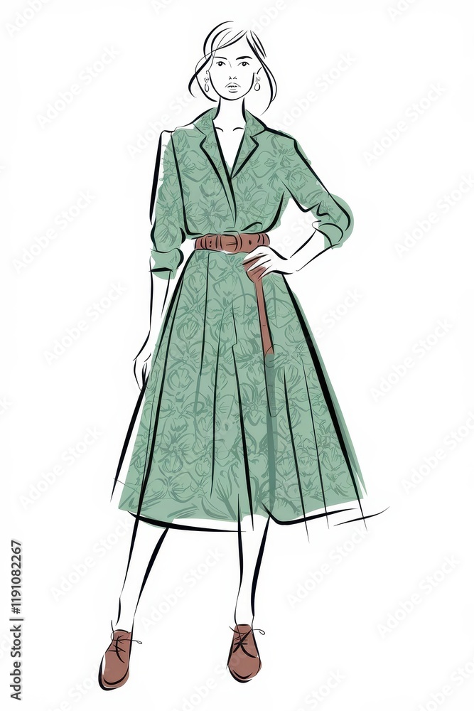 Fashion illustration of a woman in a floral midi dress Fashion illustration of a woman in a floral midi dress