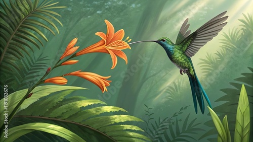 Exquisite long-tailed sylph hummingbird in flight for vibrant wildlife photography. photo