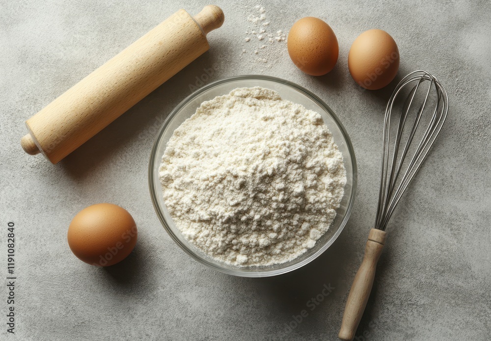 Ingredients for Baking: Flour, Eggs, Whisk, and Rolling Pin Arranged on a Kitchen Counter Ready for Cooking and Baking Delicious Treats and Pastries Ingredients for Baking: Flour, Eggs, Whisk, and Rolling Pin Arranged on a Kitchen Counter Ready for Cooking and Baking Delicious Treats and Pastries