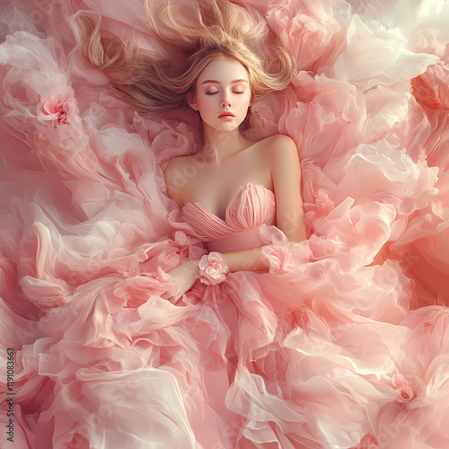 Young woman resting gracefully on a soft bed of pink fabric under gentle lighting at a serene indoor location. Generative AI