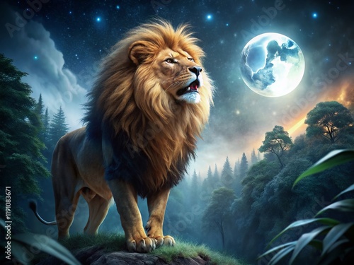 Majestic Night Roar: Powerful Lion Illustration in Dark Forest photo