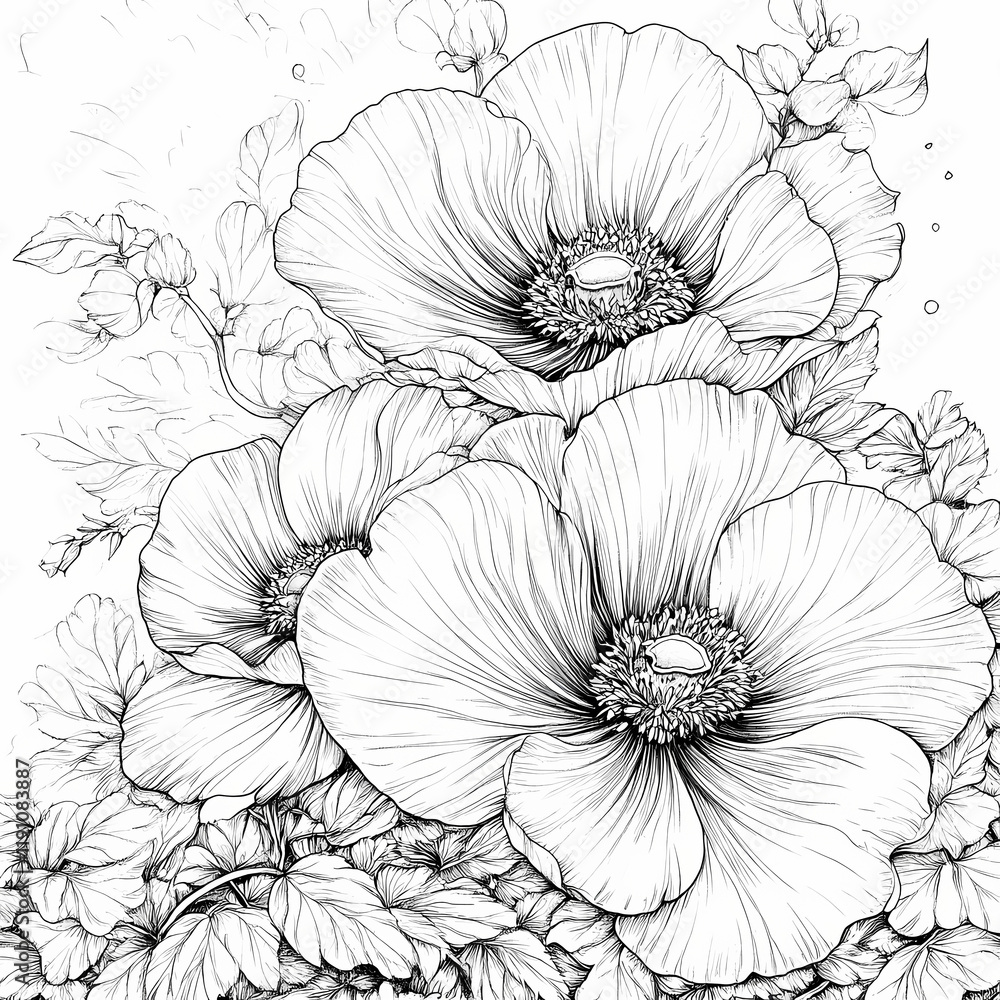Elegant line drawing of blooming flowers surrounded by leafy greens in a detailed botanical sketch. Generative AI Elegant line drawing of blooming flowers surrounded by leafy greens in a detailed botanical sketch. Generative AI