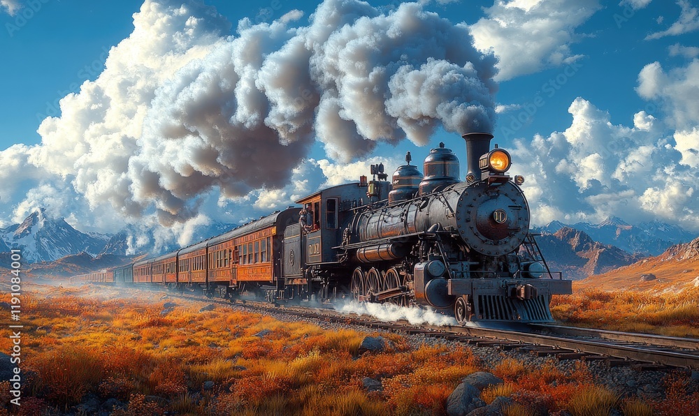 Fototapeta premium Steam train travels scenic mountain landscape.