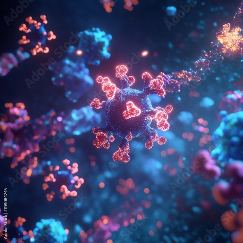 Antibodies engage with glowing viruses in a dynamic immunological battle. Generative AI photo