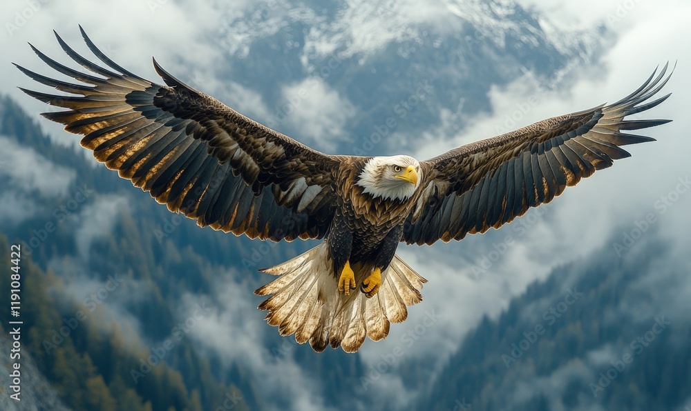 Fototapeta premium Majestic bald eagle soaring, wings spread wide.