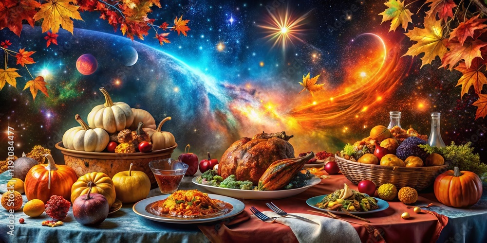 Fototapeta premium Surreal Autumn Thanksgiving: Cosmic Harvest with Space for Text Overlay