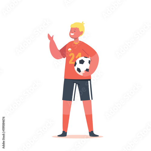 Sportsman Child Character Wear Uniform with Ball in Hands. Little Boy Playing Soccer Isolated on White Background