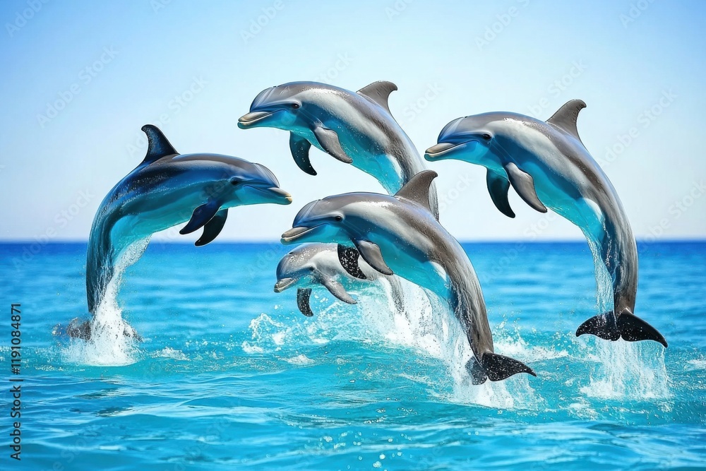 Fototapeta premium Group of dolphins playing and leaping in vibrant ocean