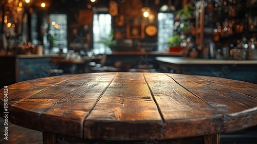 Wooden tabletop with empty space for product placement in a dimly lit room