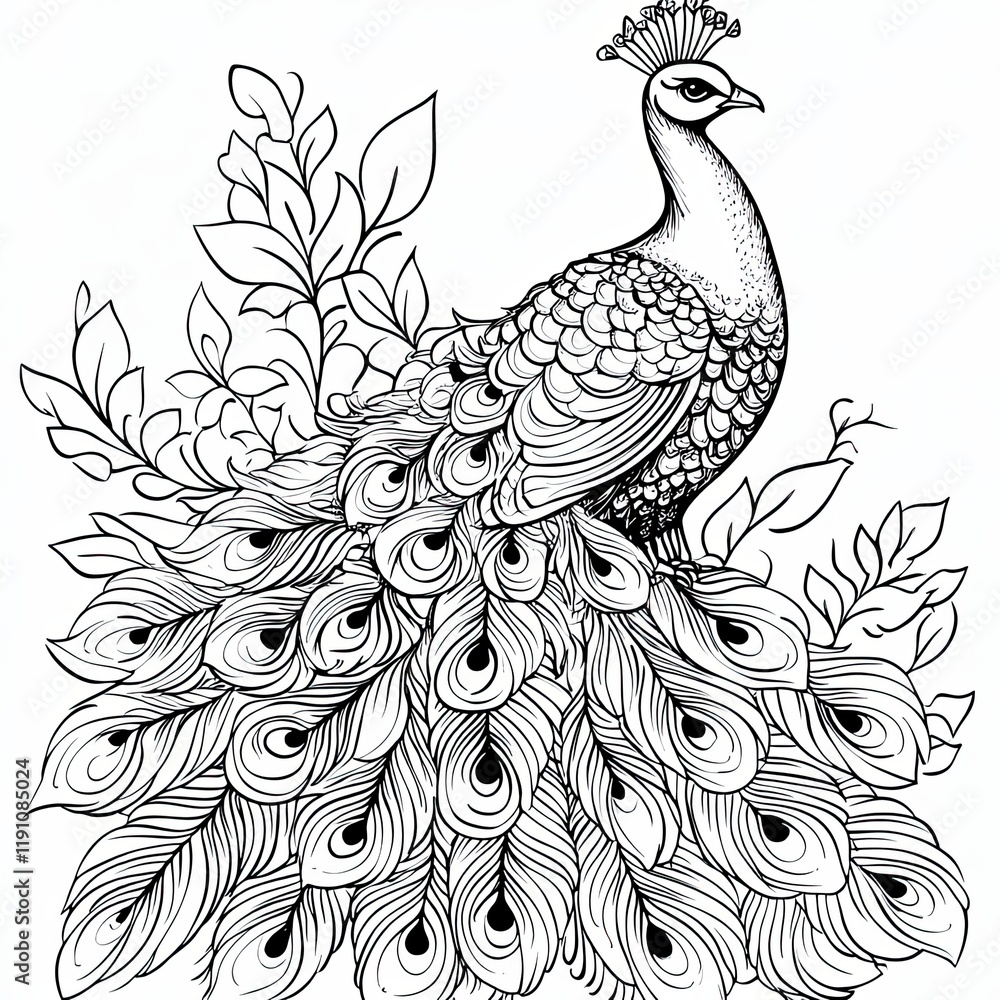 Fototapeta premium Cute animals isolated on white background, Cute Cartoon with Clean Outlines for Coloring Practice, Cute Cartoon Doodle with Clean Lines for Coloring Coloring Practice Cartoon Illustrations. Peacock