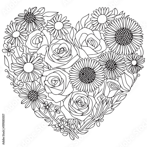Hand drawn heart for adult anti stress. Coloring page with high details isolated on white background. Made by trace from sketch. Zentangle pattern for relax and meditation.