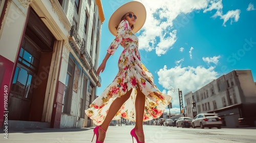 Fashionable woman in a floral dress and wide-brimmed hat walking confidently on a sunny city street. photo