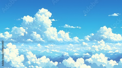 A pixel art background depicting a clear blue sky with fluffy clouds, suitable for platformers or adventure games