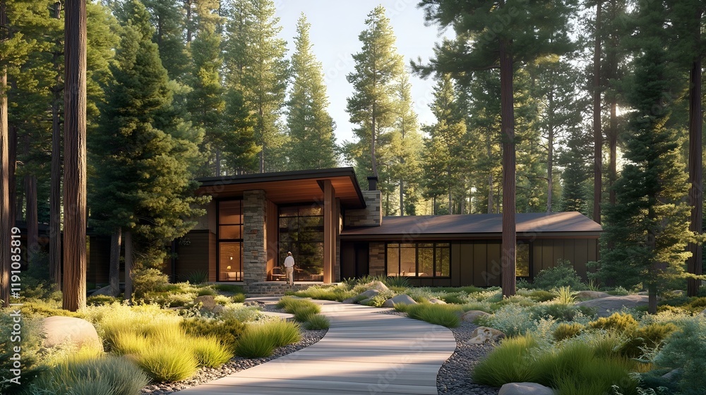 Modern forest home surrounded by lush greenery, featuring large windows, a wooden path, and natural stone accents. Modern forest home surrounded by lush greenery, featuring large windows, a wooden path, and natural stone accents.